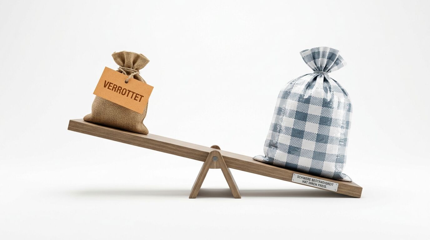 Wippe mit Sandsack links („VERROTTET“) und Karo-Sack rechts („Beszändigkeit“)