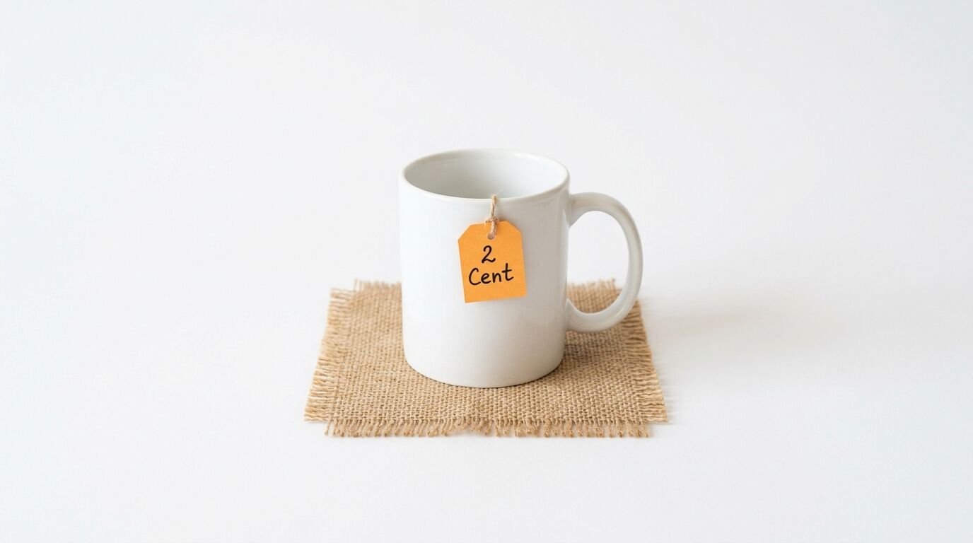 Eine weiße Tasse auf einem Jute-Untersetzer mit einem Anhänger, auf dem „2 Cent“ steht