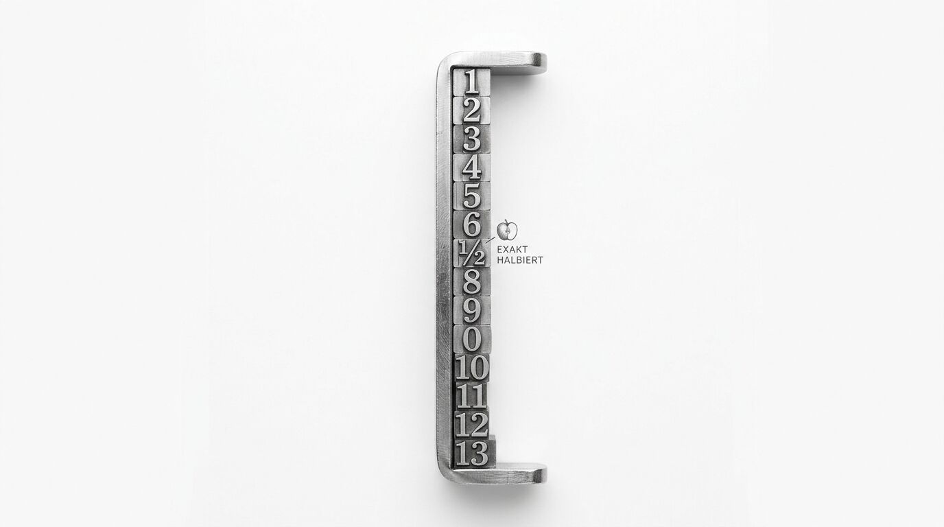 Metallhalter mit Skala 1-13, Bruchteil 1/2 bei 7 und Text 