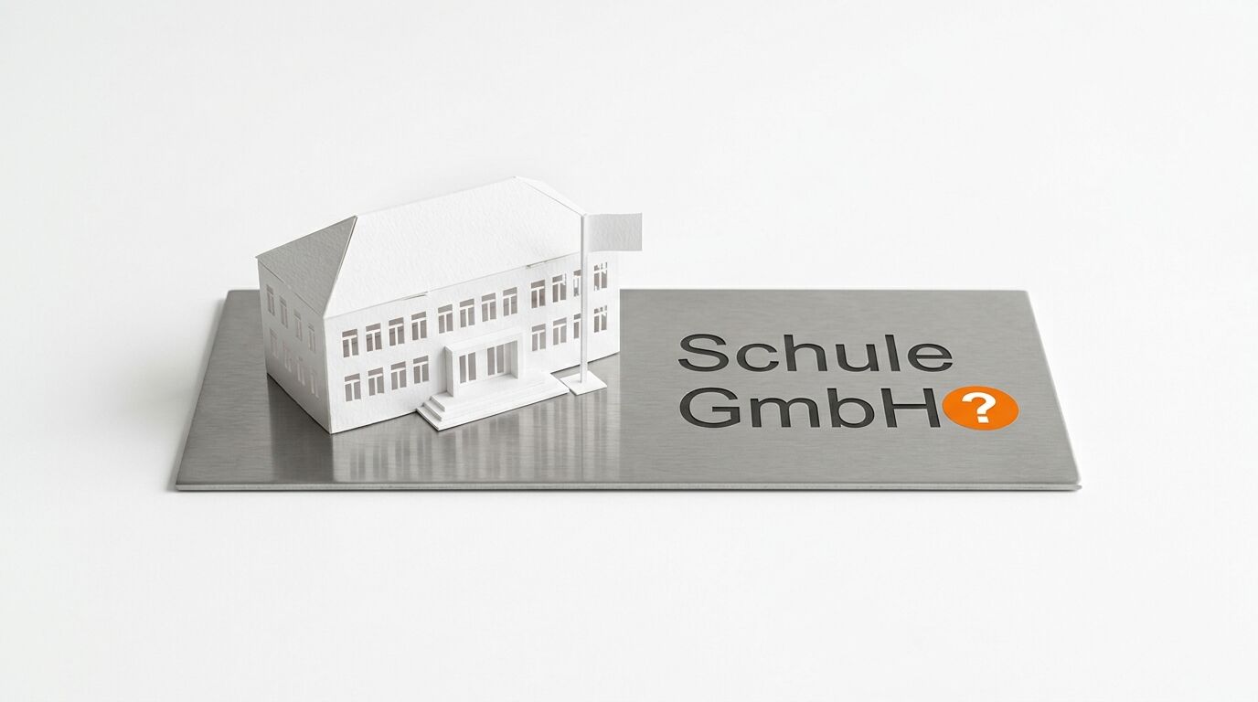 Ein weißes Papiermodellhaus auf einem Metallschild mit der Aufschrift „Schule GmbH?“