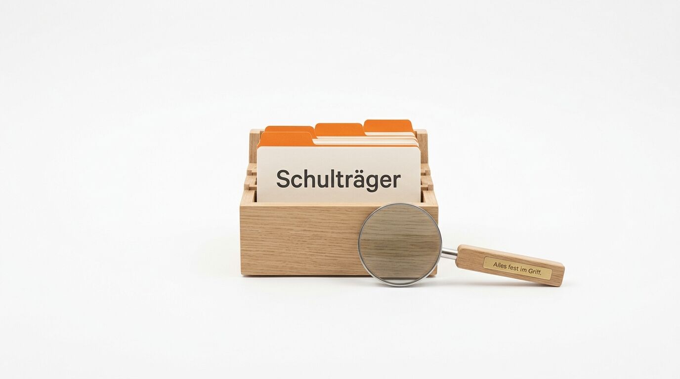 Karteikasten mit Aufschrift „Schulträger“ und Lupe davor