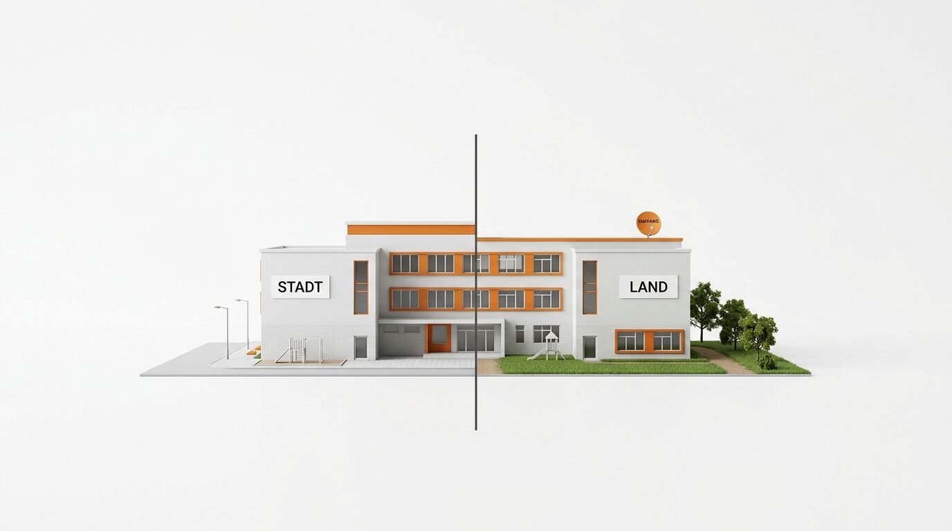 Modell eines Gebäudes, geteilt in eine urbane (links,