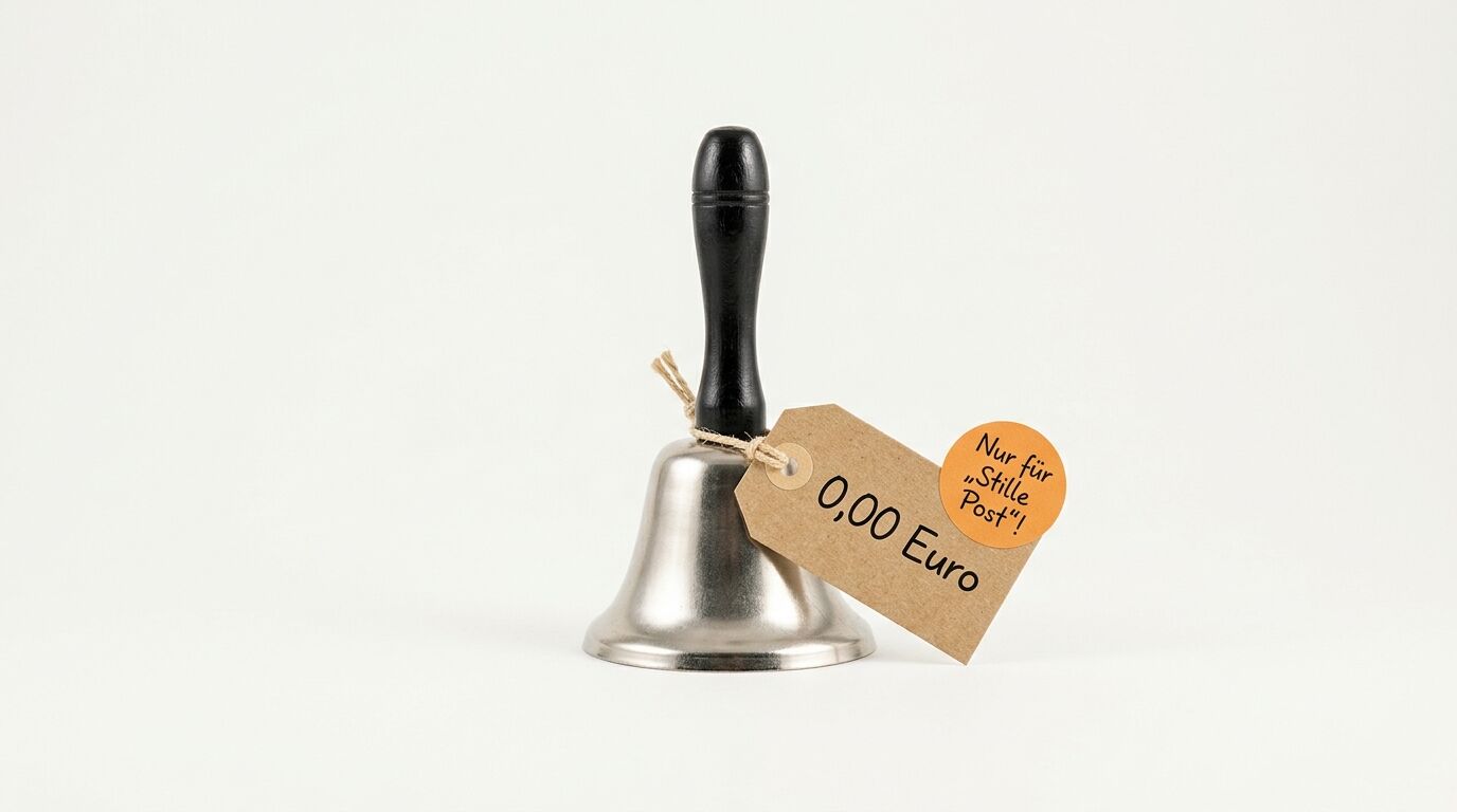 Silberne Handglocke mit schwarzem Griff und zwei Preisschildern auf hellem Grund