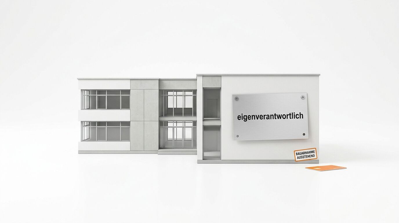 Modellgebäude mit Schild „eigenverantwortlich“, Stempel und Karte auf weißem Grund