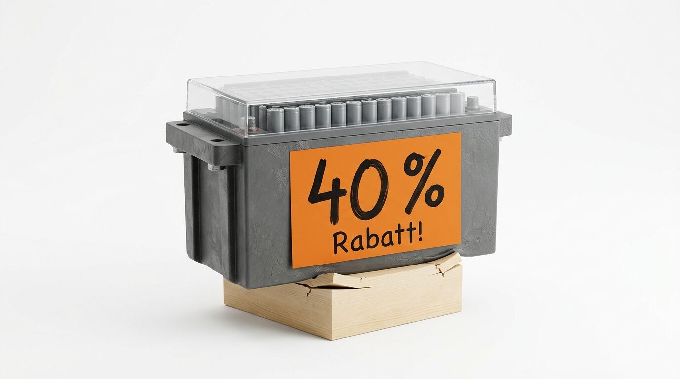 Autobatterie mit orangefarbenem Aufkleber „40% Rabatt!“ auf einem Holzklotz