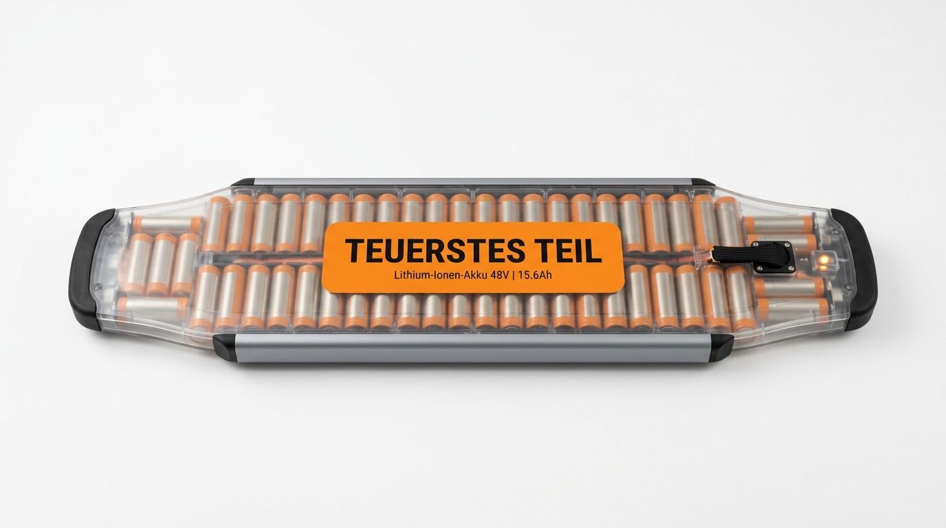 Ein transparenter Akku-Pack mit einem Aufkleber, auf dem „TEUERSTES TEIL“ steht