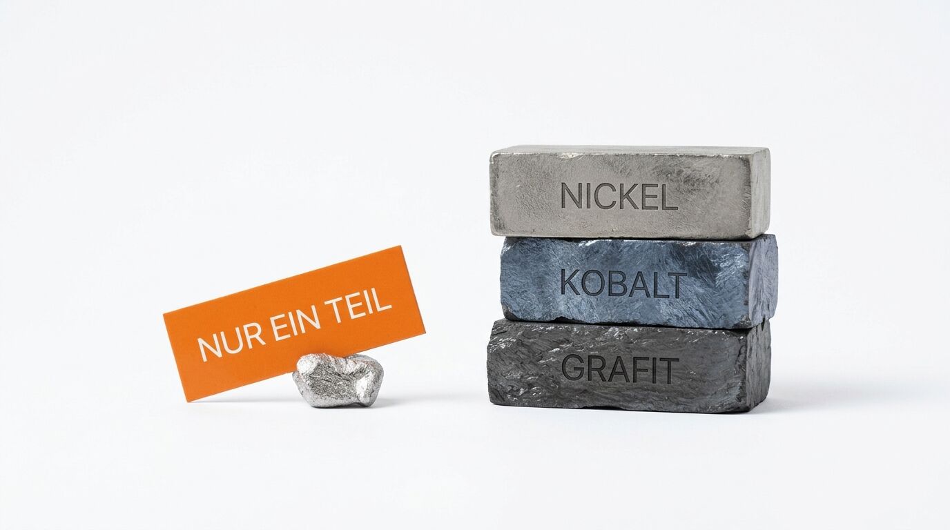 Barrenstapel (Nickel, Kobalt, Grafit) mit orangefarbenem Schild „NUR EIN TEIL“