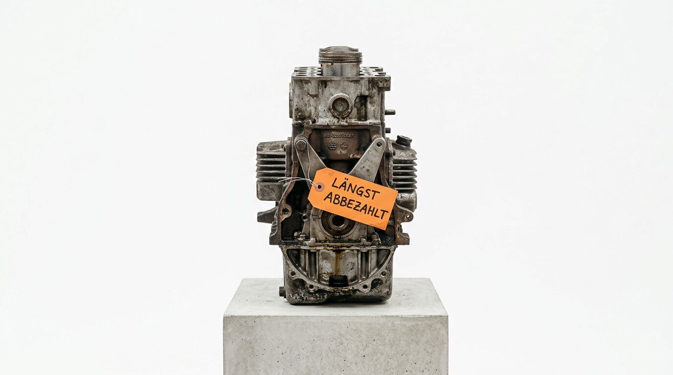 Skulptur eines Motorsockels mit angehängtem orangefarbenem Etikett auf einem Betonsockel vor weißem Hintergrund