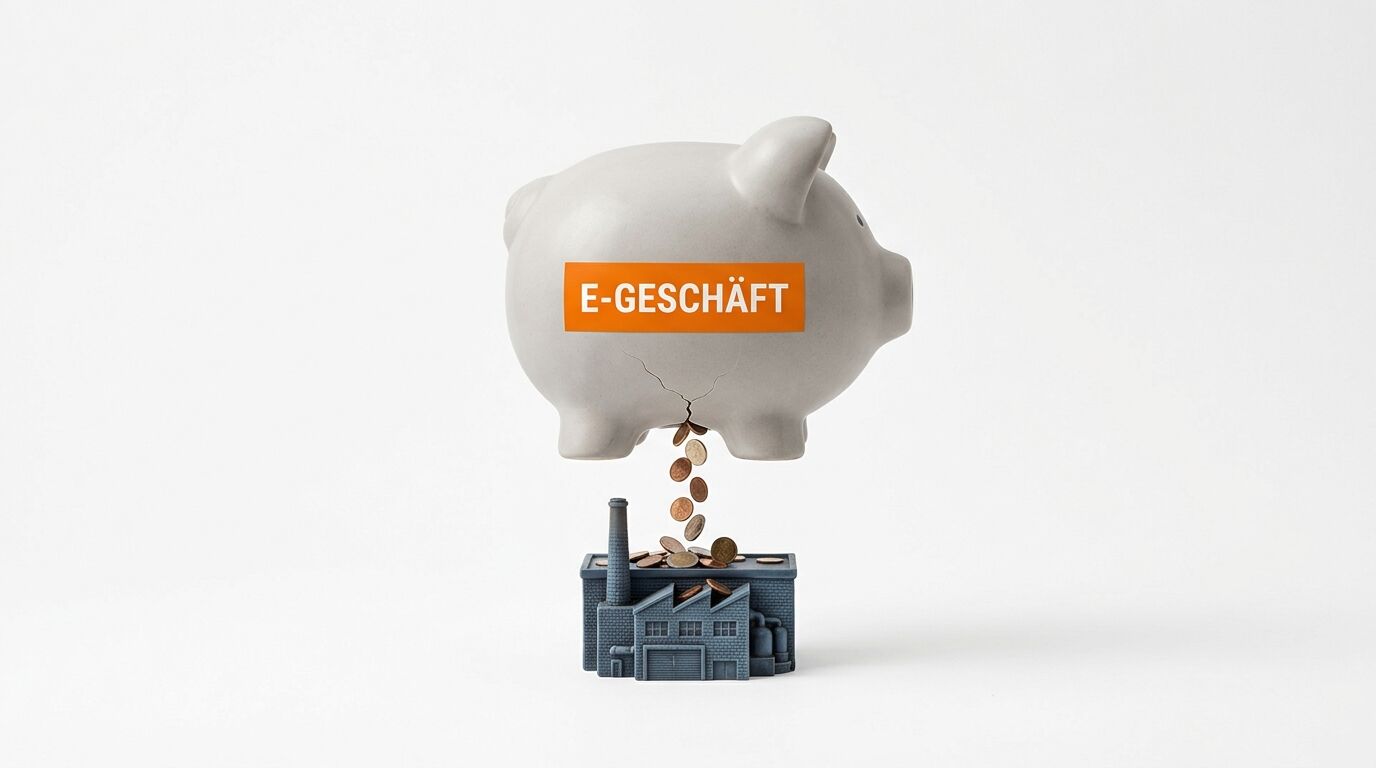 Sparschwein, aus dem Münzen in eine kleine Fabrik fallen. Aufdruck „E-GESCHÄFT“