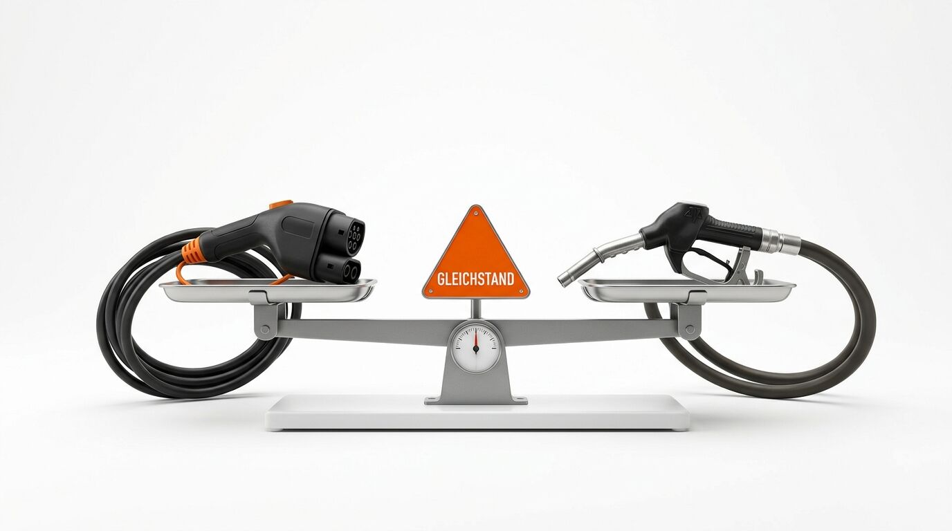 Waage mit E-Ladestecker und Zapfpistole, im Gleichgewicht, orangefarbenes Schild „GLEICHSTAND“