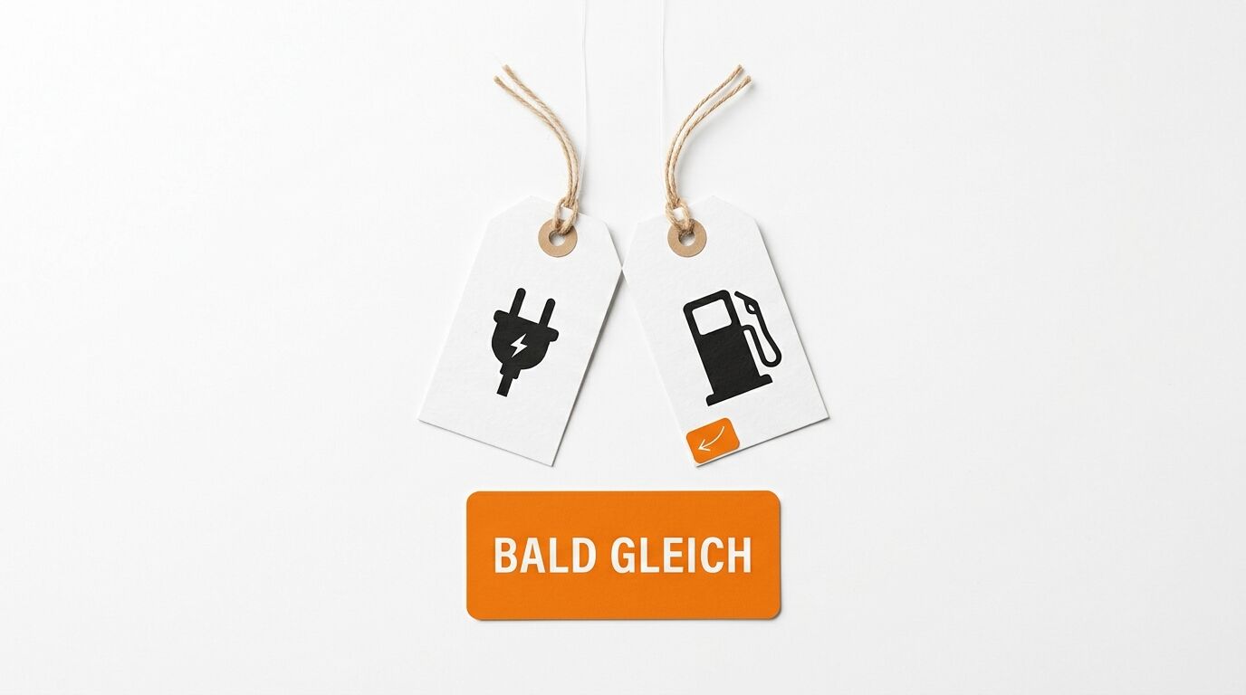 Preisschilder mit Stromstecker und Zapfsäule sowie orangefarbenes Schild „BALD GLEICH“