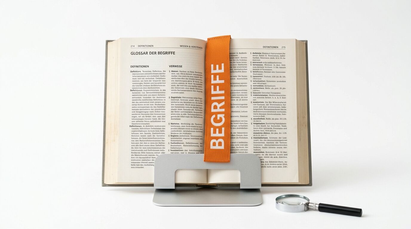 Geöffnetes Buch mit orangefarbenem Lesezeichen, davor eine Lupe