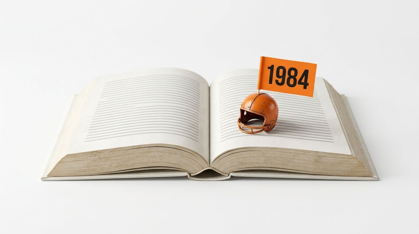 Geöffnetes Buch mit orangefarbenem Mini-Helm und Wimpel, der die Zahl „1984“ trägt