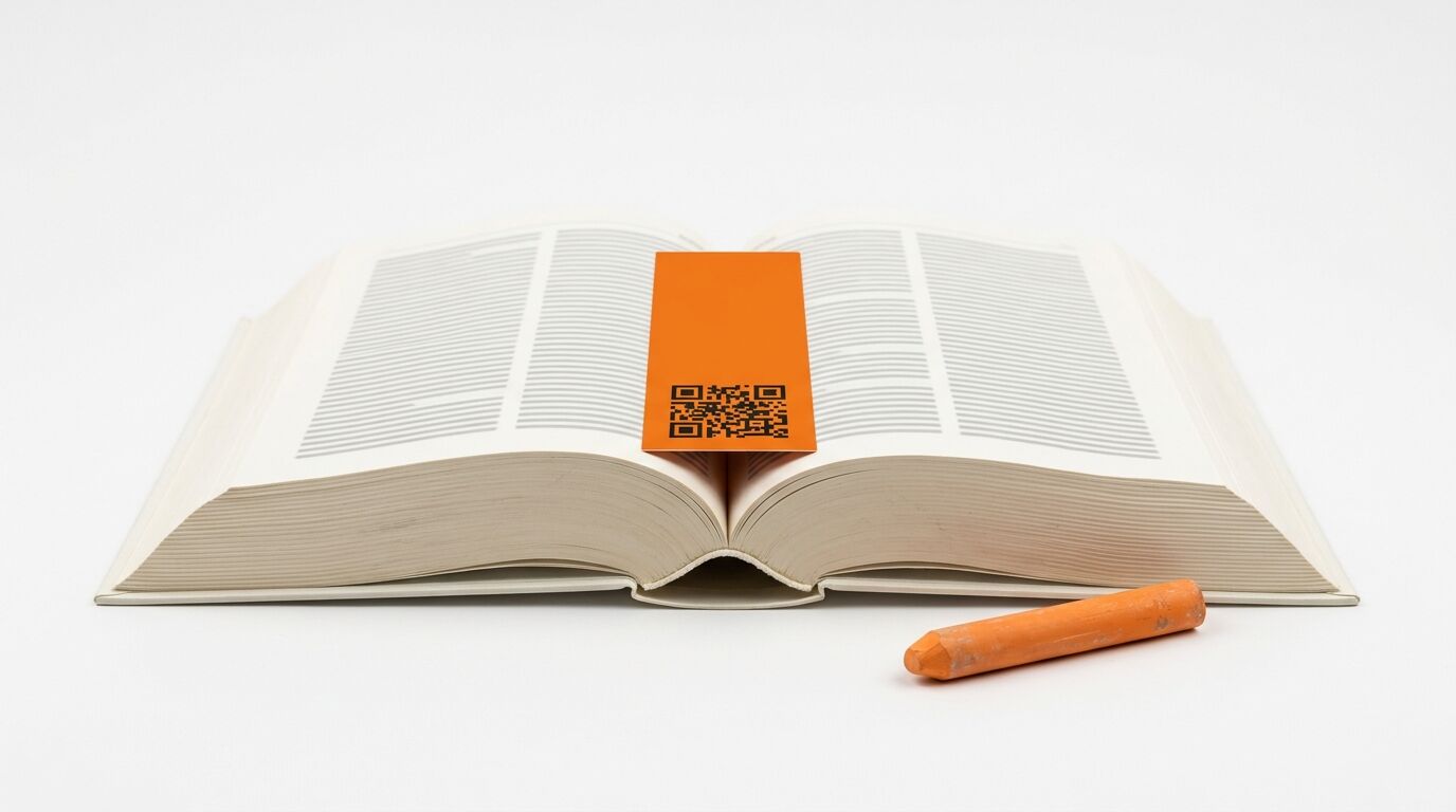 Ein offenes Buch mit einem orangefarbenen QR-Code-Lesezeichen und einem orangefarbenen Kreidestift