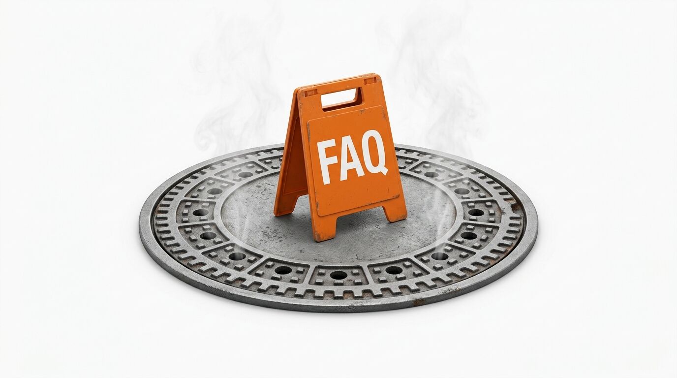 Oranges Warnschild mit weißem „FAQ“-Schriftzug auf einem dampfenden Kanaldeckel vor weißem Grund