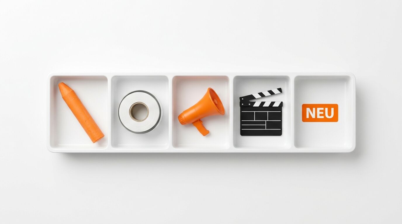 Fünf weiße Schalen mit orangefarbenen Objekten: Stift, Ring, Megafon, Filmklappe, Schild