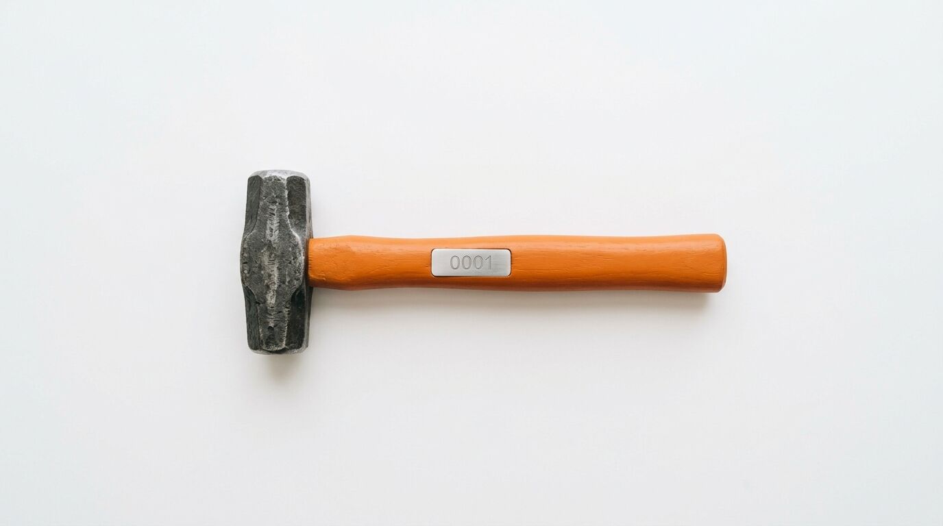 Hammer mit orangefarbenem Stiel und dunklem Metallkopf liegt horizontal vor weißem Hintergrund