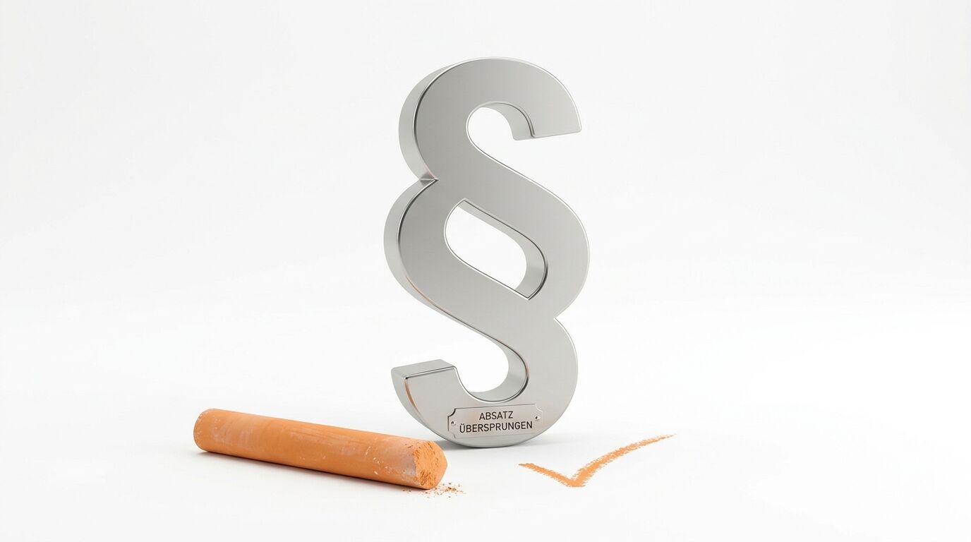 Ein silbernes Paragrafenzeichen mit Gravur, orange Kreide und ein Haken