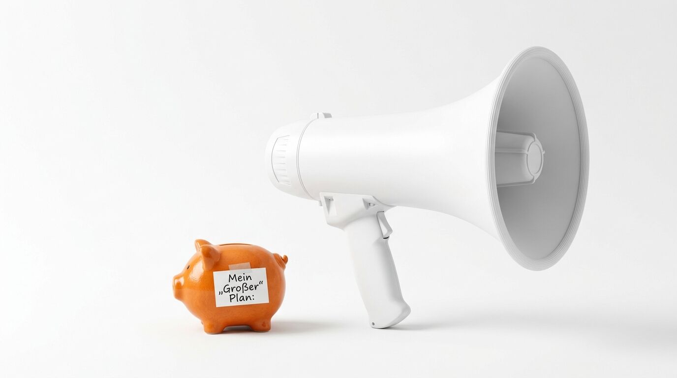 Ein Megafon und ein Sparschwein mit der Aufschrift „Mein Großer Plan“