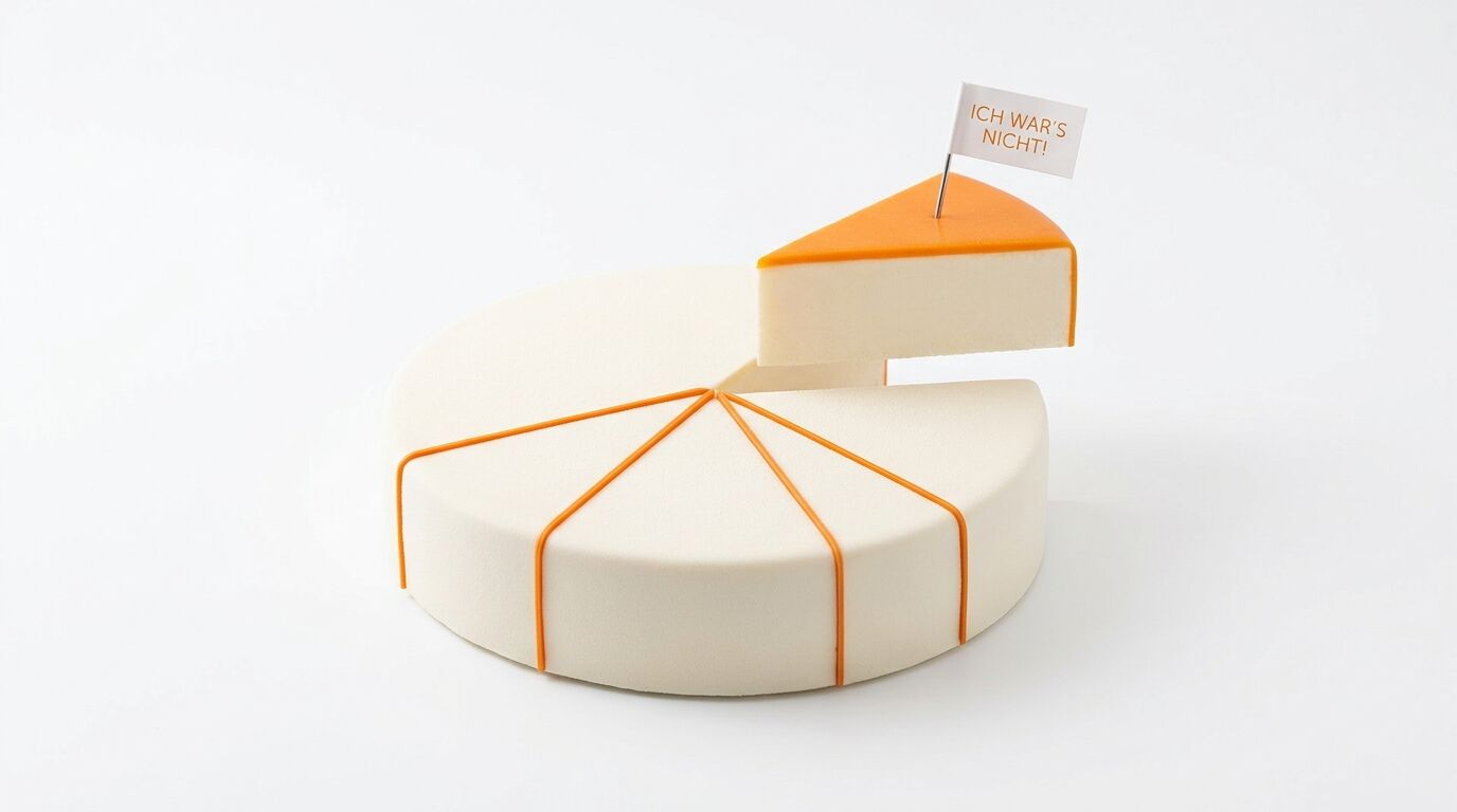 Torte mit gelbem Streifenmuster, ein Stück mit gelbem Deckel und Fähnchen schwebt darüber