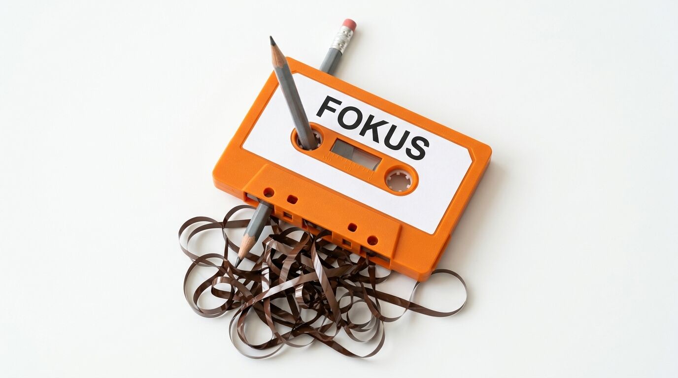 Orangefarbene Musikkassette mit der Aufschrift „Fokus“, ein Bleistift steckt in einer Öffnung, das Magnetband ist herausgezogen und verheddert