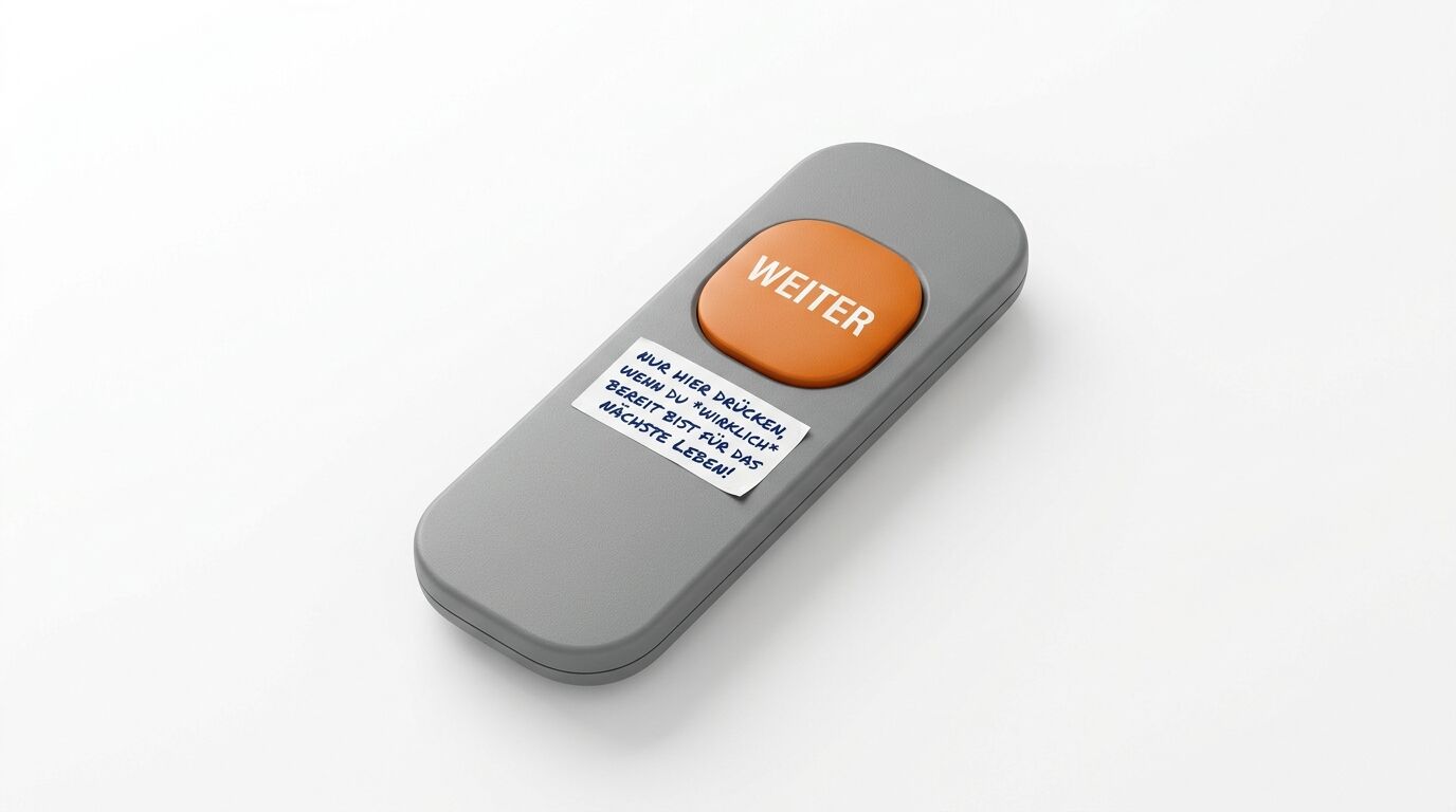 Graue Fernbedienung mit orangem „WEITER“-Knopf und Warnaufkleber
