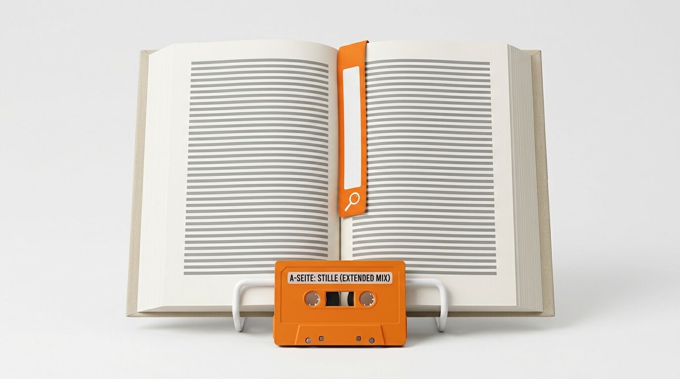 Aufgeschlagenes Notizbuch mit orangefarbener Kassette und Lesezeichen auf Halter