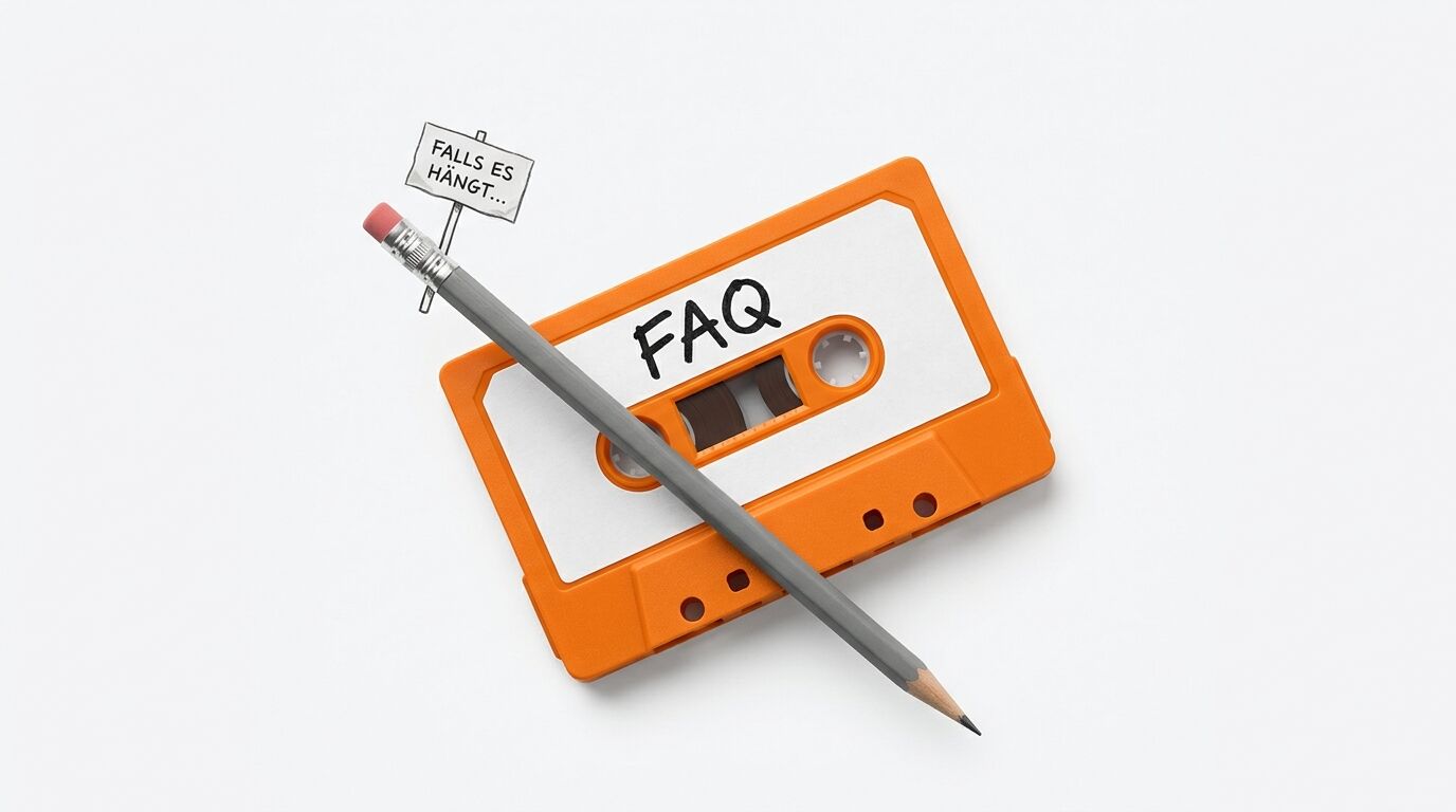 Orange Kassette mit „FAQ“ und Bleistift mit Schild „FALLS ES HÄNGT...“ auf weißem Grund