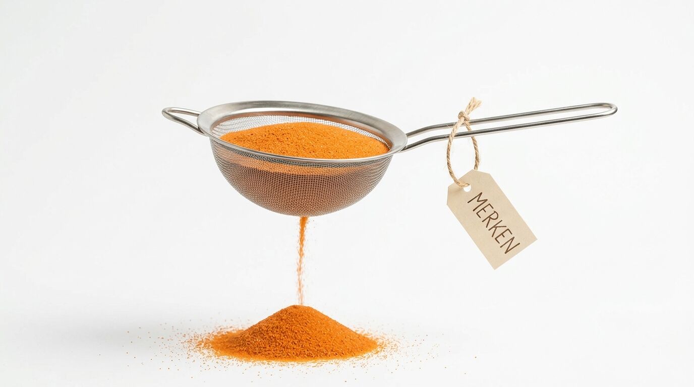 Metallsieb mit orangefarbenem Pulver und „MERKEN“-Etikett, Inhalt fällt auf Häufchen