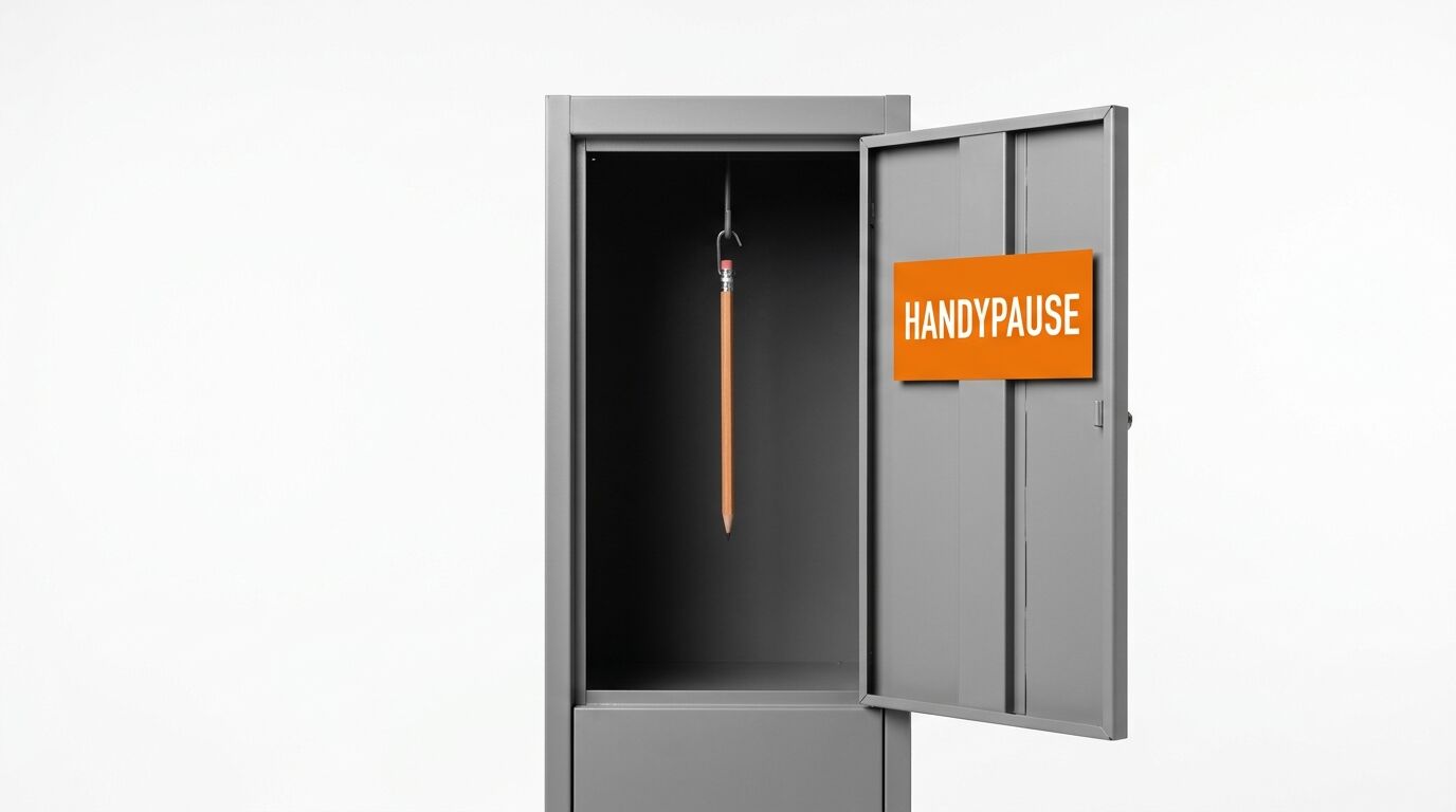 Ein geöffneter grauer Spind mit einem hängenden Stift und der Aufschrift HANDYPAUSE