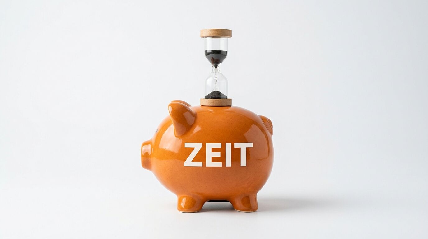 Oranges Sparschwein mit Aufschrift „ZEIT“ und darauf stehender Sanduhr vor weißem Hintergrund