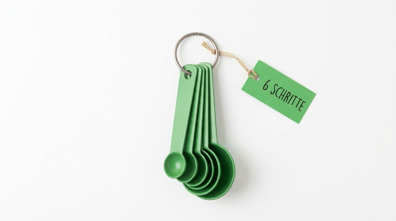 Sechs grüne Messlöffel an Metallring mit Etikett „6 SCHRITTE“ auf weißem Grund