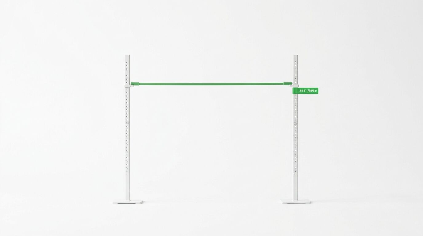Eine grüne Stange liegt horizontal zwischen zwei weißen Hochsprungständern vor weißem Hintergrund