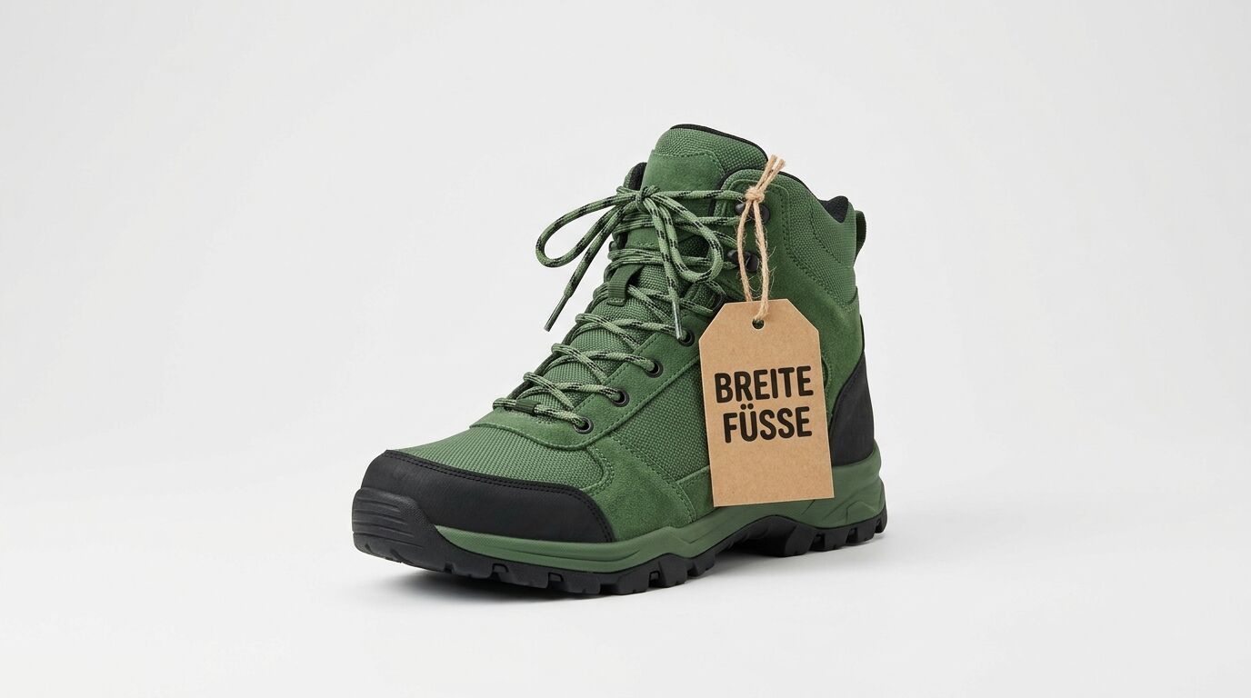 Grüner Wanderschuh mit Hängeetikett „BREITE FÜSSE“ auf weißem Hintergrund