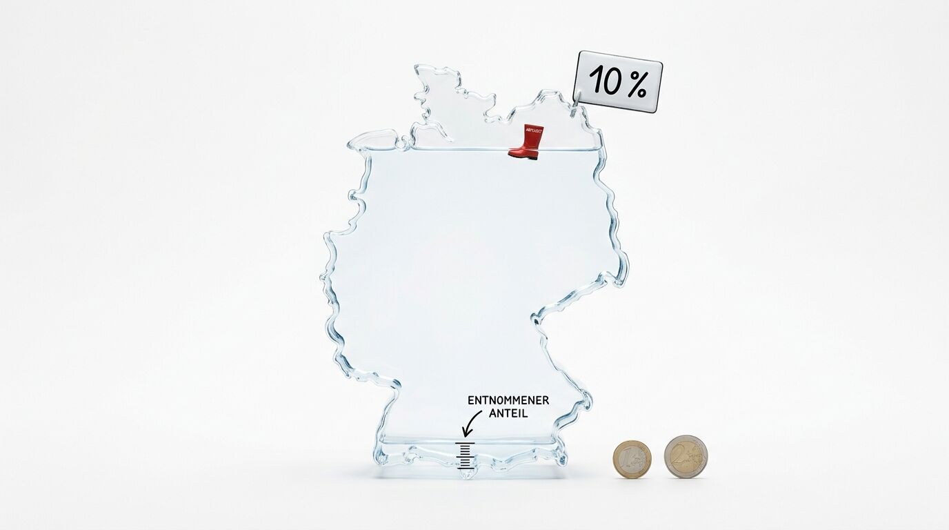 Wasserglas in Deutschlandform mit 10 % Anzeige, Gummistiefel, Euro-Münzen und Beschriftung