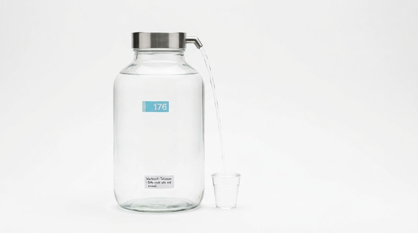 Eine mit Wasser gefüllte Glasflasche und ein kleiner Becher auf weißem Grund