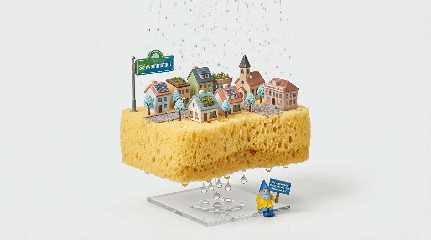Modell einer Stadt auf einem nassen Schwamm, ein Gartenzwerg und das Ortsschild Schwammstadt