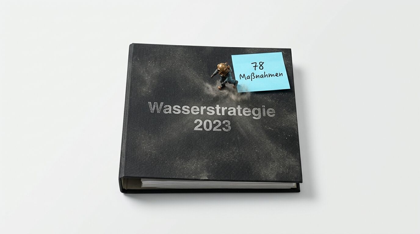 Buch „Wasserstrategie 2023“ mit Taucherfigur und Haftnotiz „78 Maßnahmen“