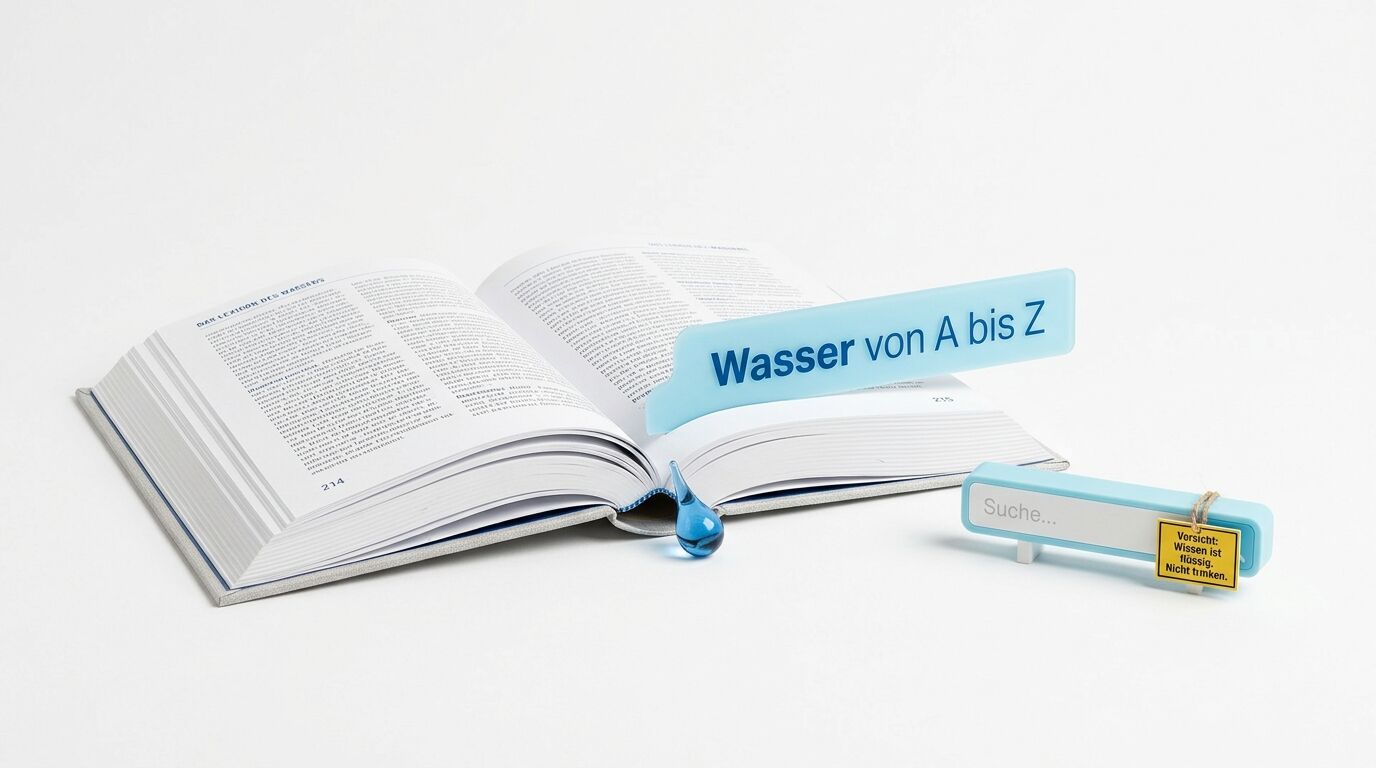 Offenes Lexikon mit Tropfen und Banner „Wasser von A bis Z“, daneben Suchbalken mit Warnhinweis