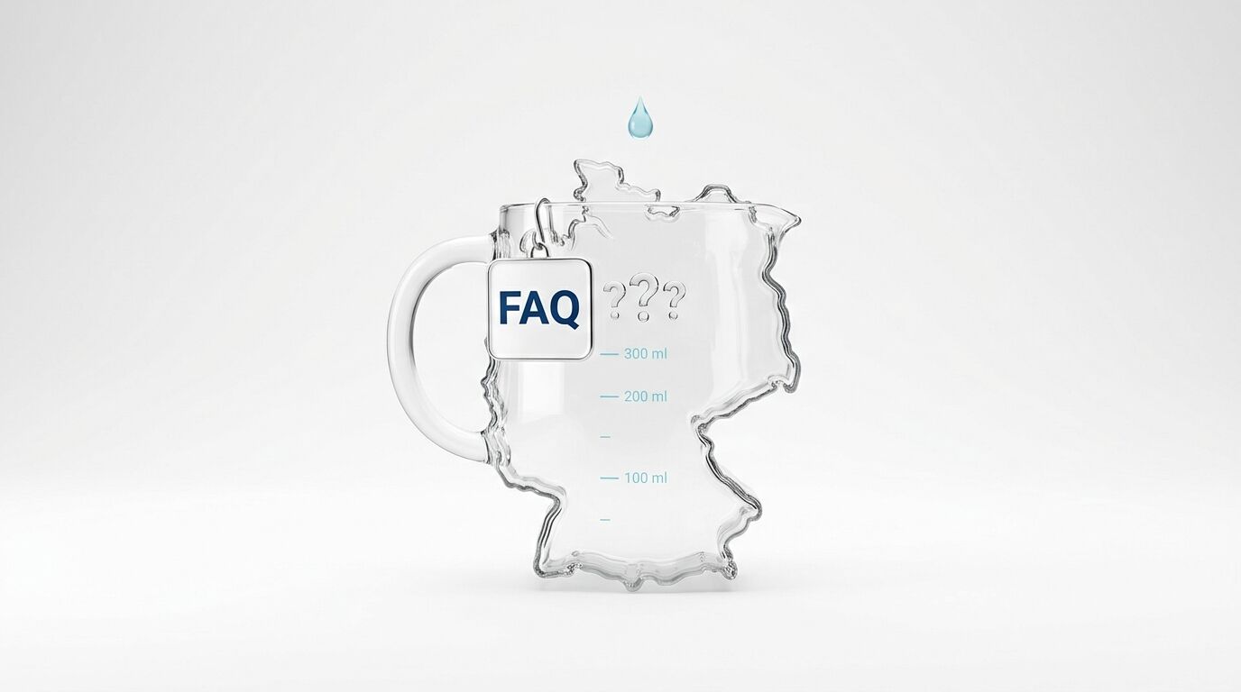 Krug in Form von Deutschland, mit „FAQ“-Schild und Tropfen