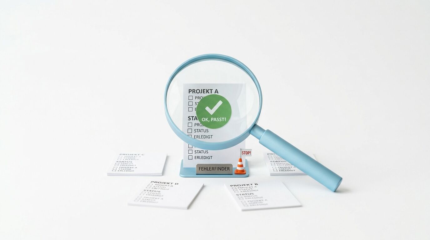 Lupe zeigt Projekt A mit grünem Häkchen "OK, PASST!", umgeben von Projektdokumenten und Fehlerfinder-Schild