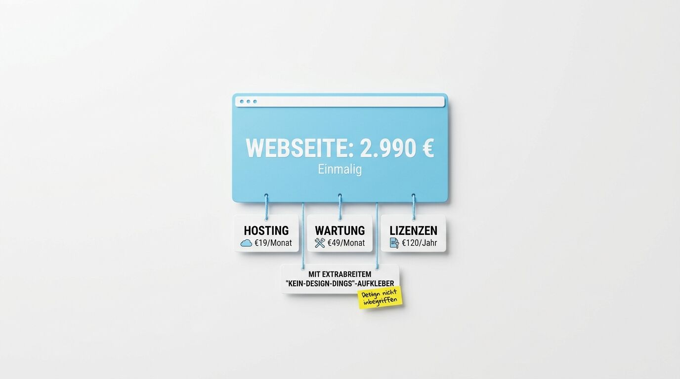 Infografik zeigt Website-Kosten: 2.990€ einmalig mit Hosting (19€/Monat), Wartung (49€/Monat) und Lizenzen (120€/Jahr)