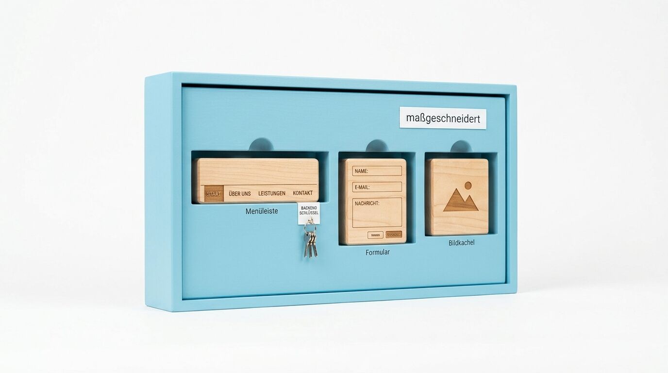 Hellblaue Vitrine mit Holzelementen, Menueleiste, Formular, Bildkachel und Schlüsselbund. Beschriftet mit "maßgeschneidert"