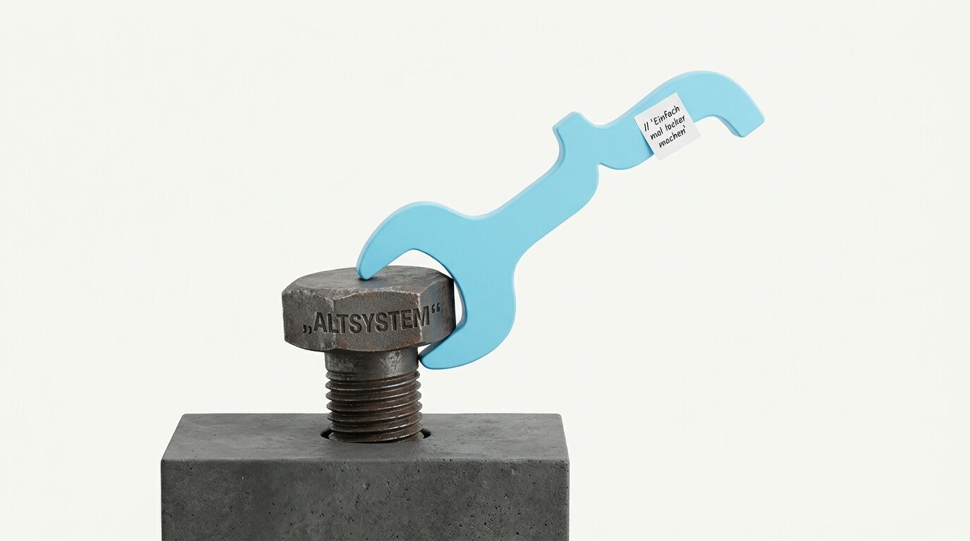 Ein blauer metallischer Bolzen mit gewellter Form steht auf einem grauen Betonblock, eingraviert mit "ALTSYSTEM"