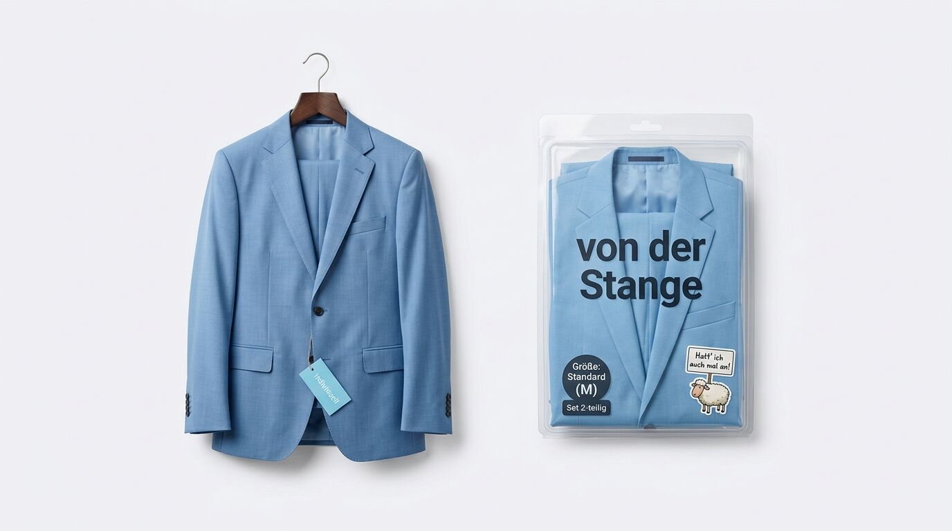 Hellblaues Sakko auf Holzbügel neben verpacktem Anzug der Marke "von der Stange" in Plastikbox