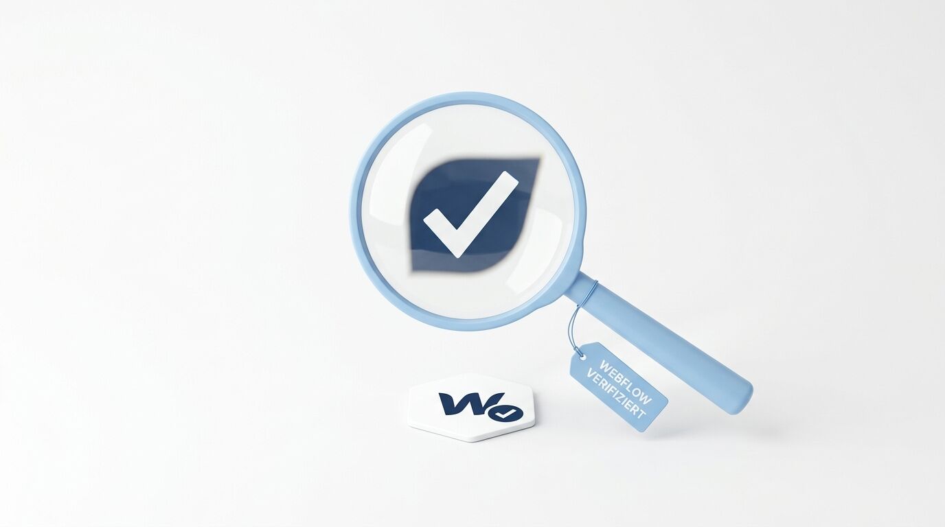 Lupe mit Häkchen-Symbol und "WEBFLOW VERIFIED"-Tag auf hellem Hintergrund