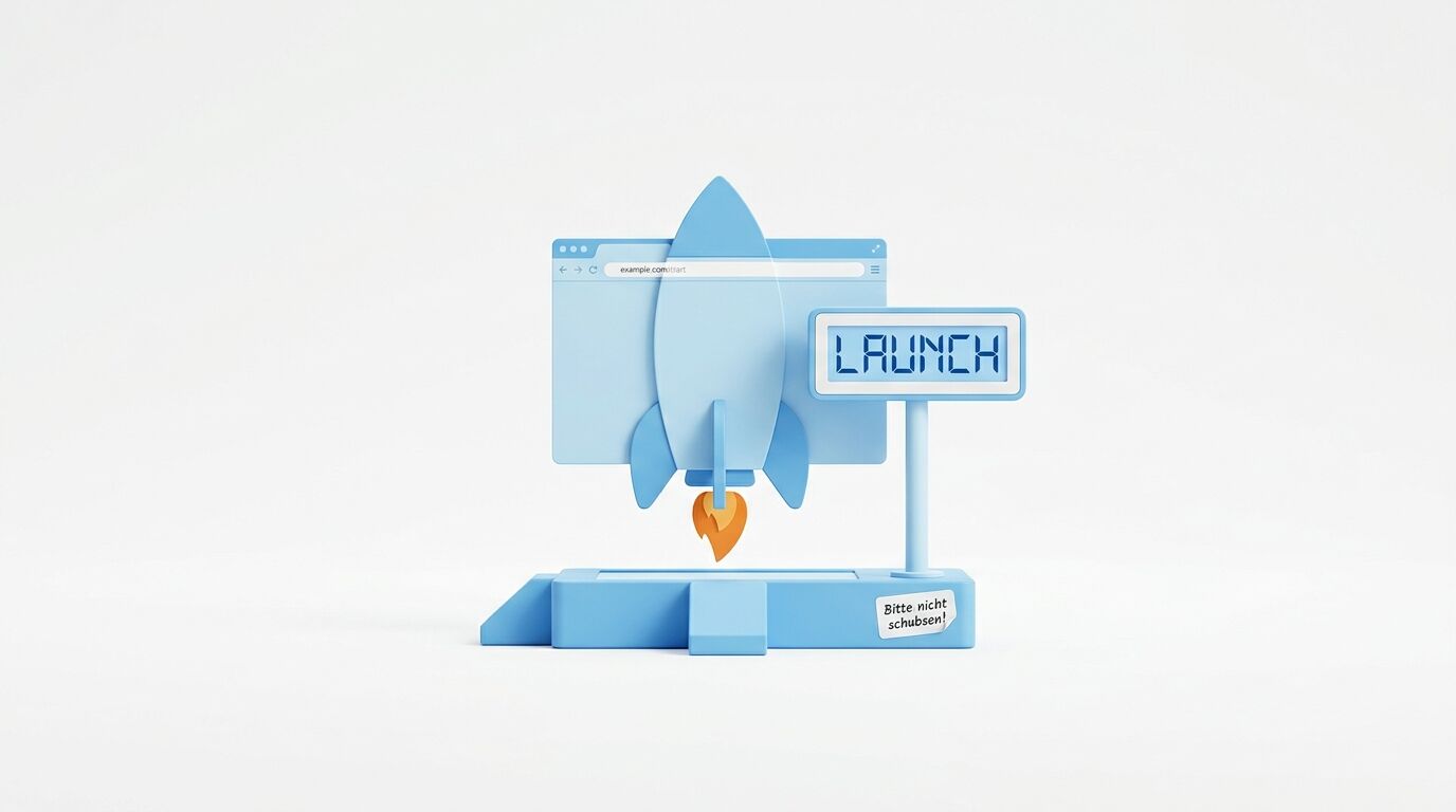 Eine blaue Rakete startet vor einem Browser-Fenster. Ein "LAUNCH"-Schild und die Warnung "Bitte nicht schubsen!" sind zu sehen