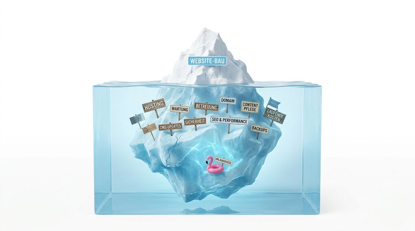 Eisberg mit Website-Bau-Komponenten: sichtbar oben Hosting, Wartung, Betreuung, Domain, Content, SEO; darunter versteckt weitere Aspekte wie Sicherheit, Backups