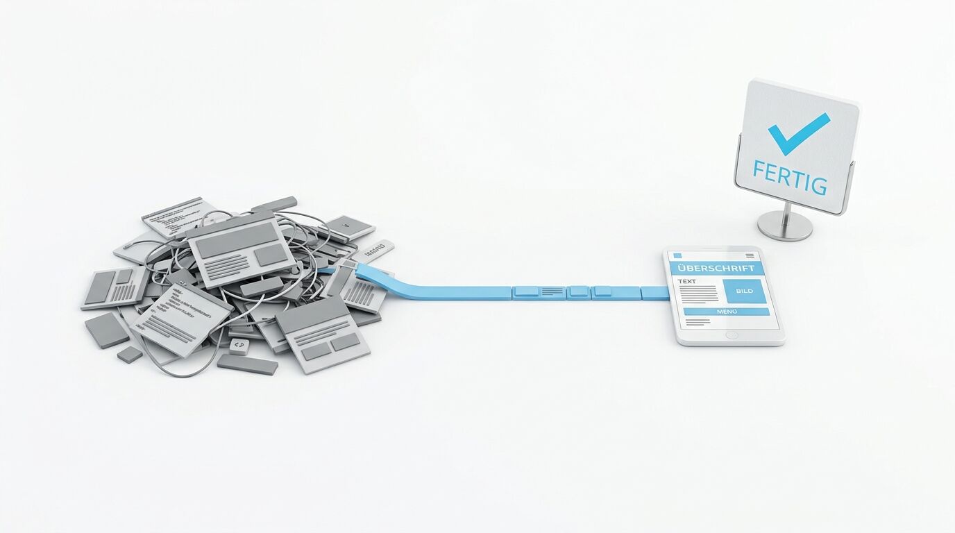 Grafik zeigt Datenfluss: Veraltete Hardware links, moderne digitale Geräte rechts, verbunden durch blaue Leitung, mit "Fertig"-Zeichen oben