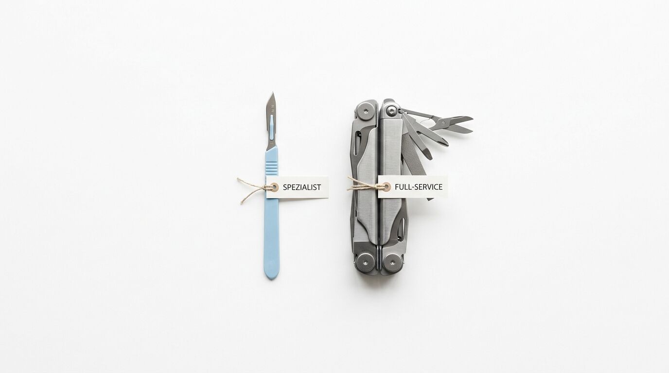 Ein Spezialist-Messer mit blauem Griff neben einem Multitool mit mehreren Funktionen auf weißem Hintergrund
